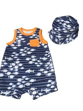 Emporio Baby Navy Fish Print Baby Romper with Matching Bucket Hat 6/9 months